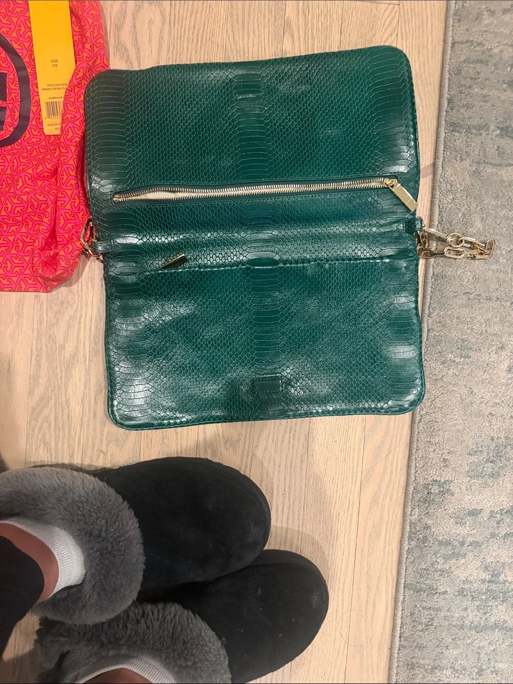Tory Burch Green Logo Leather Shoulder Clutch